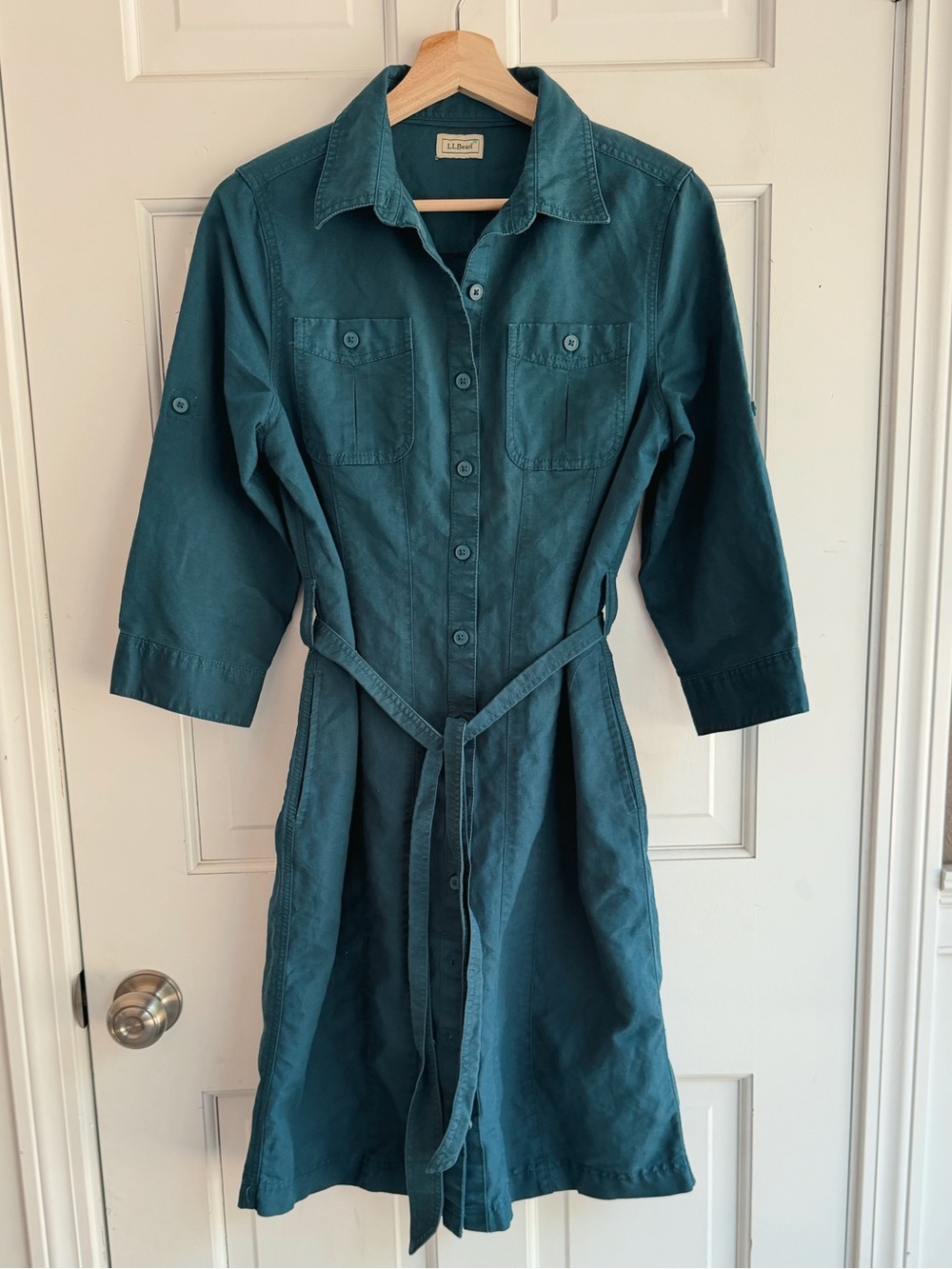 L.L. Bean Teal Shirt Dress with Belt linen cotton blend size small
